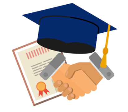 graphic of graduation cap with handshake and diploma